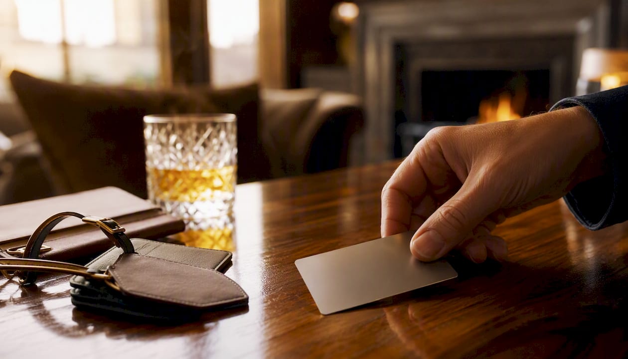 Hand placing travel card on lounge counter