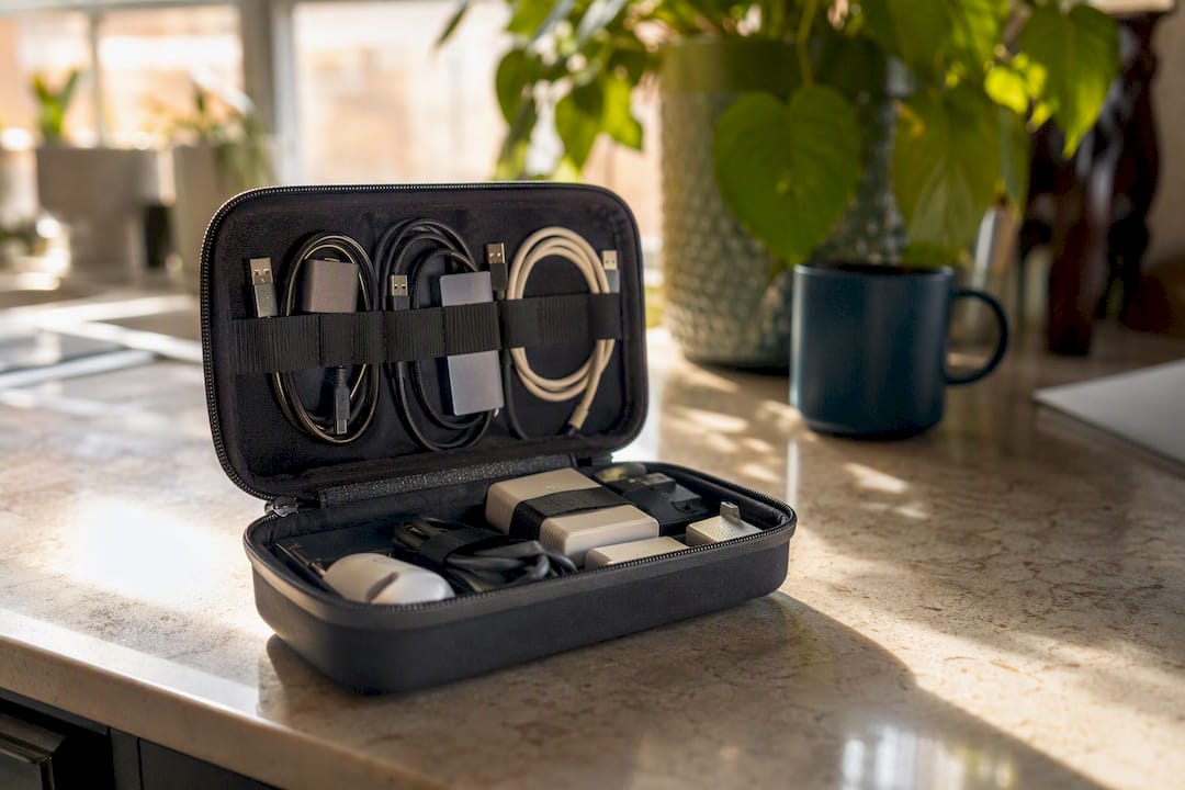 Cable pouch open with organized cables