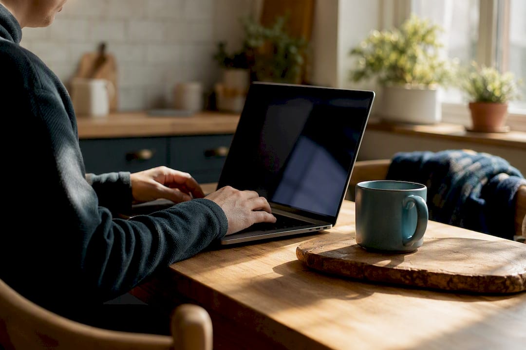 Hands activating VPN on laptop in home office
