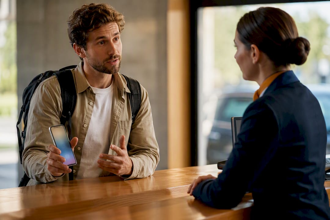 Traveler confirming rental document requirements