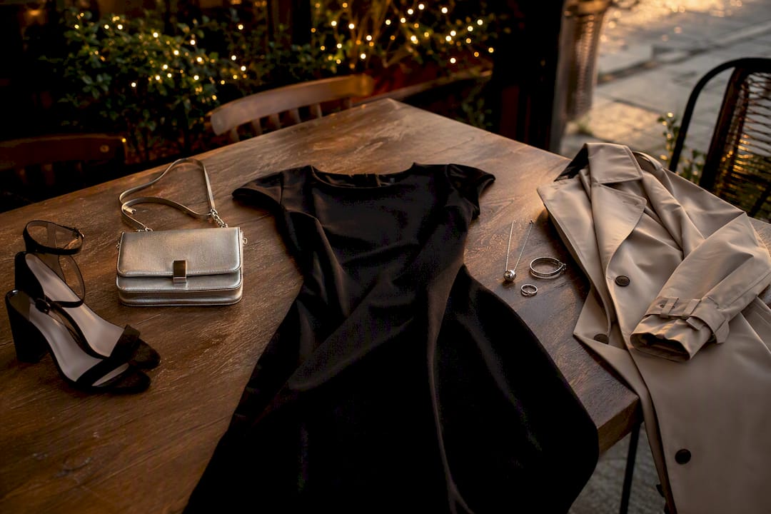 Holiday outfit accessories arranged as outfit variations