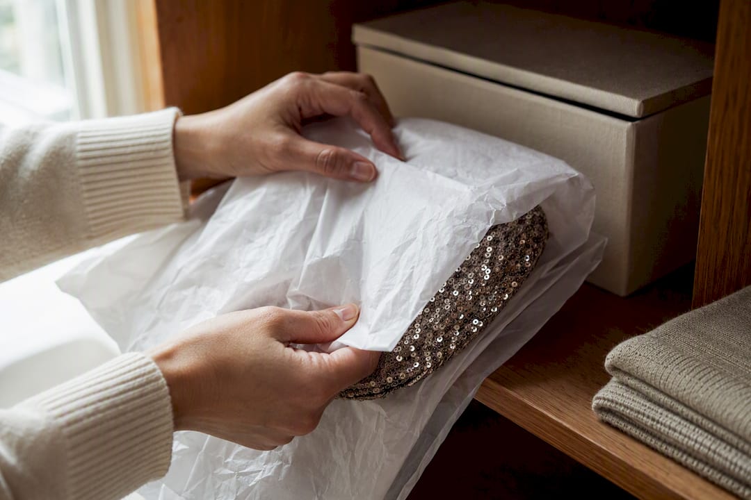 Hands wrapping sequins for storage