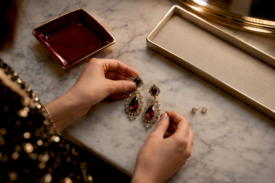 Statement earrings beside daytime studs