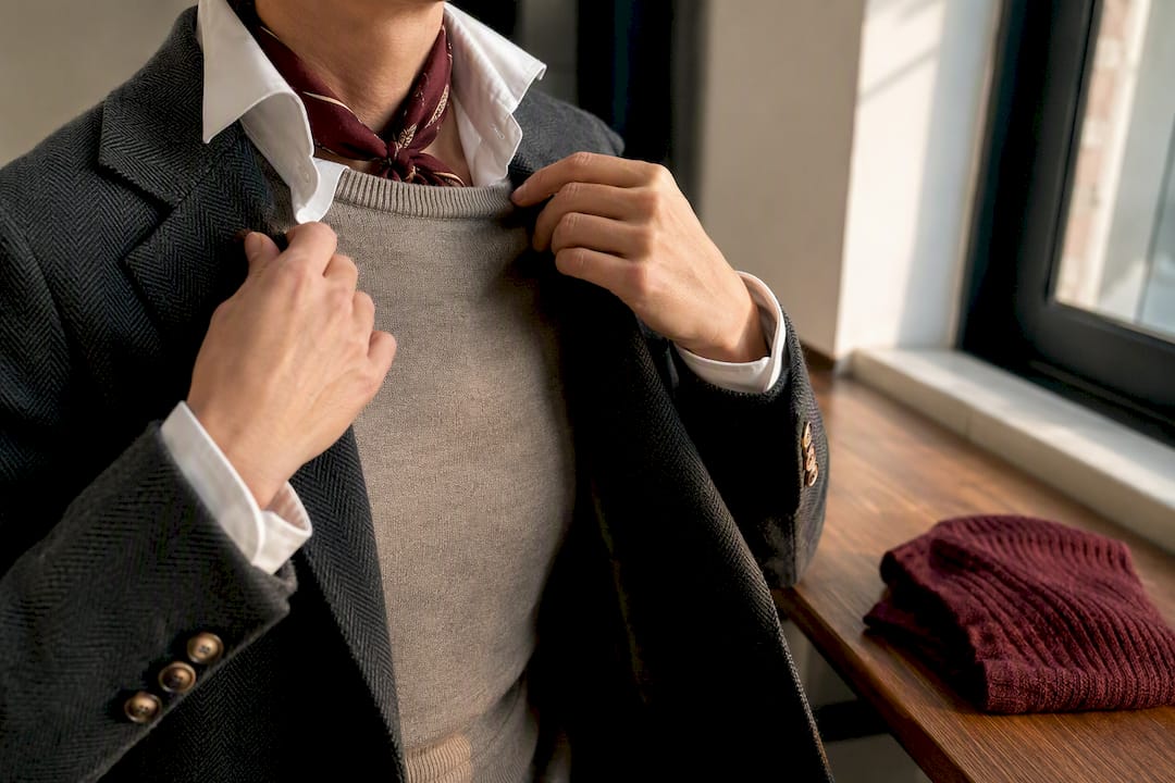 Layered blazer with shirt sweater and scarf