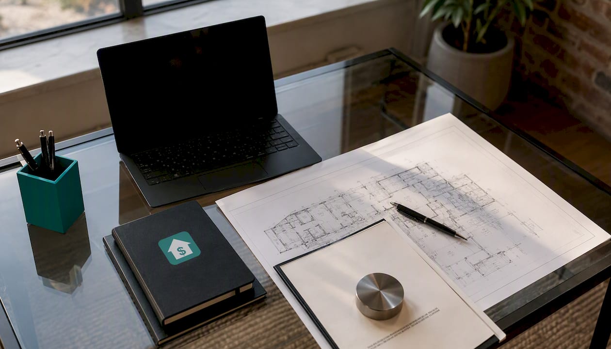 Architectural blueprints and documents on office desk