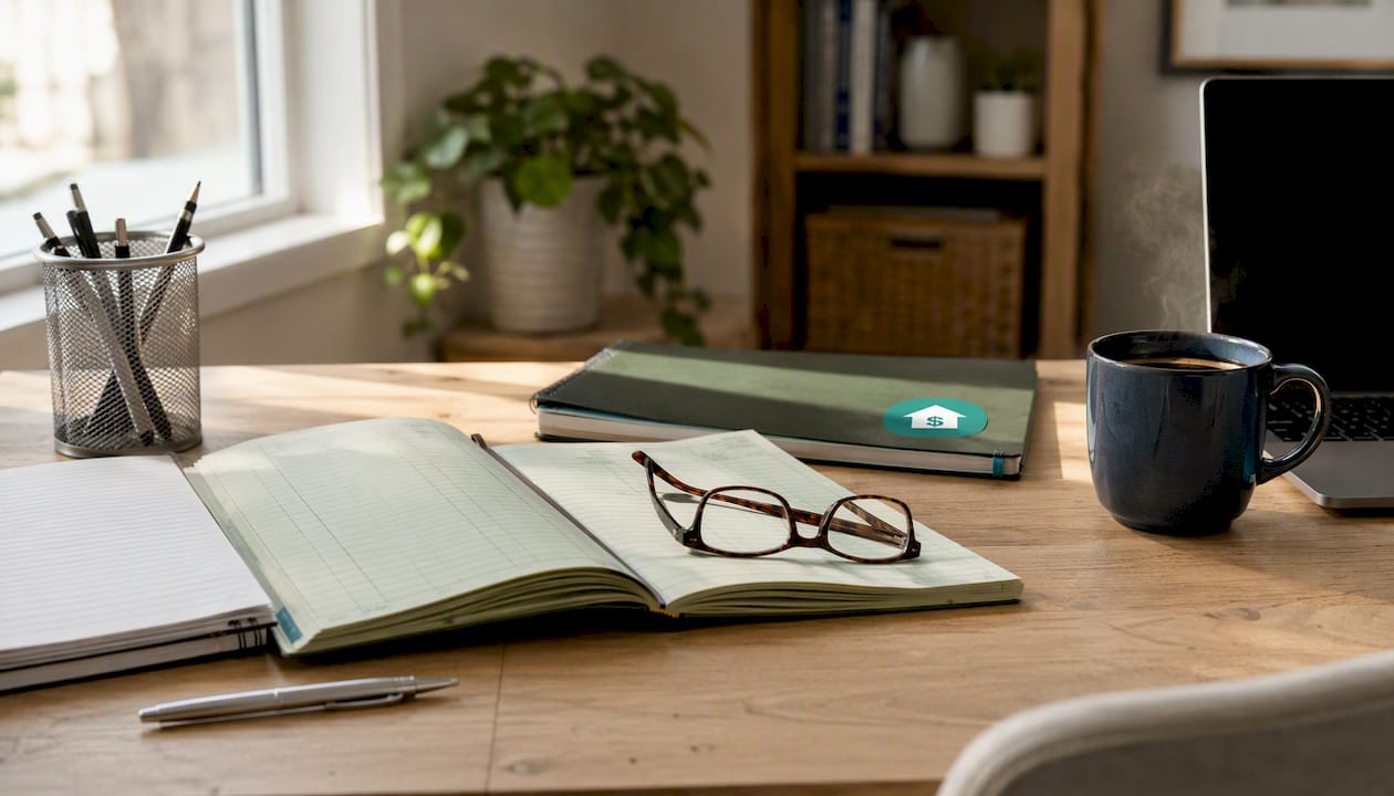 Close-up of accounting ledger and glasses on desk.