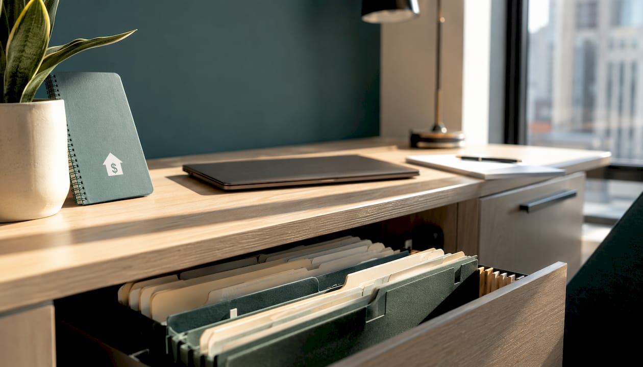 Open filing drawer with organized rental expense folders.