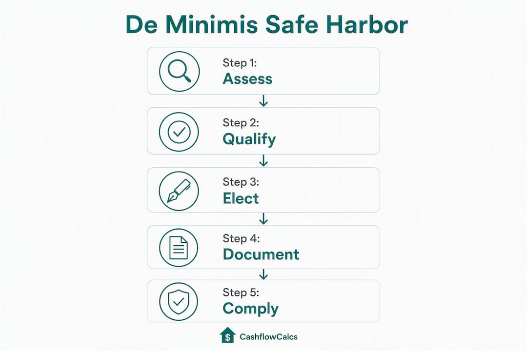 Infographic outlining 5 steps of de minimis safe harbor election process.