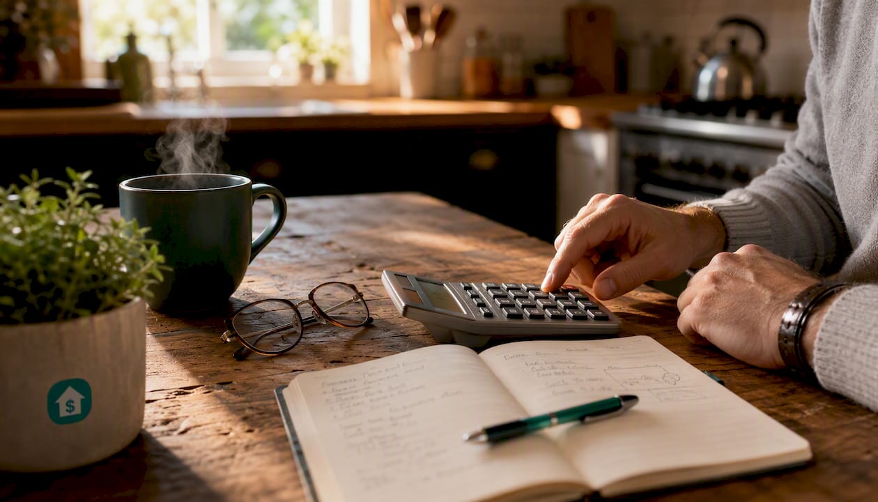 Investor calculating finances at wooden desk