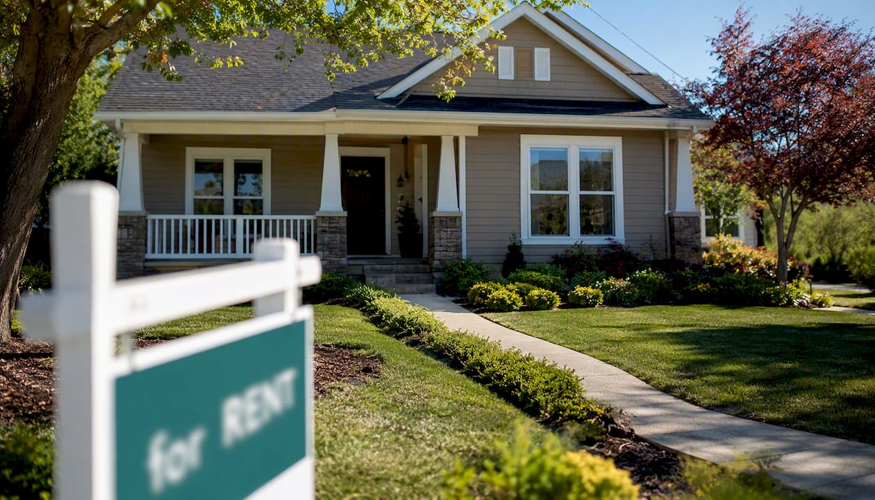 Single-family rental home with for-rent sign