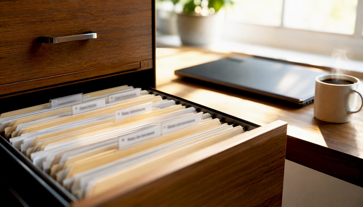 Open file cabinet with folders and coffee cup