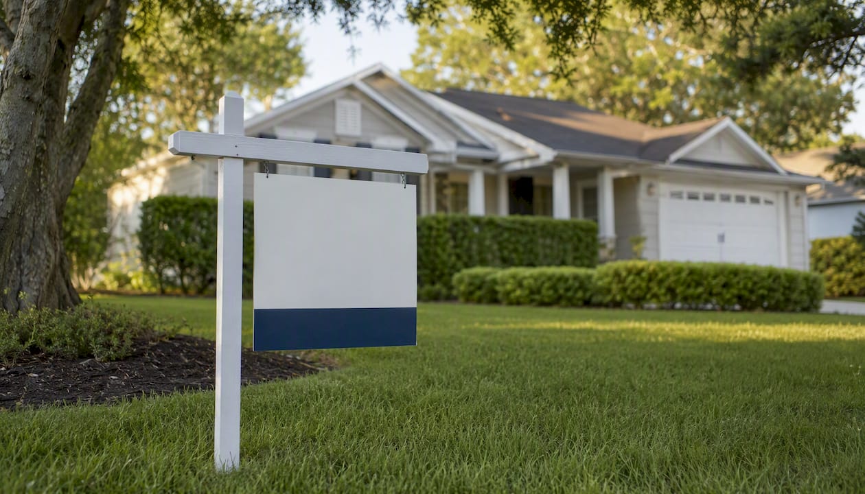 For Sale sign on suburban lawn