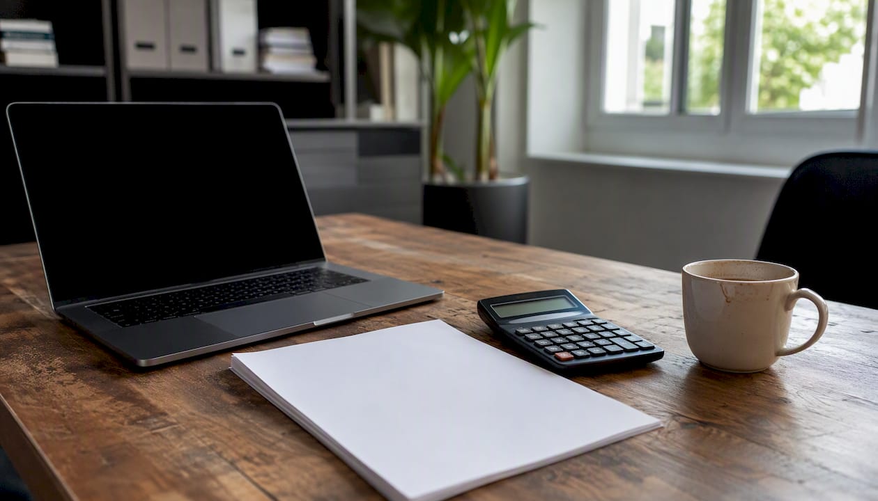 Desk with laptop, papers, calculator, coffee cup