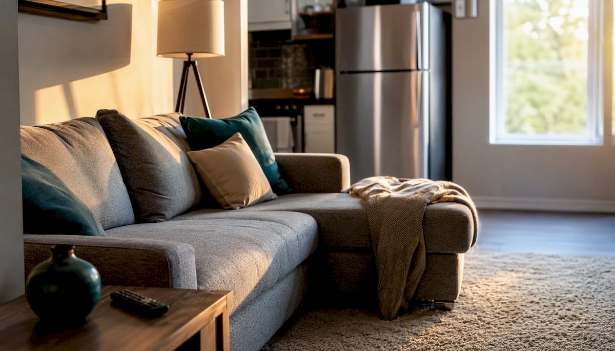 Living room corner with furniture and appliances