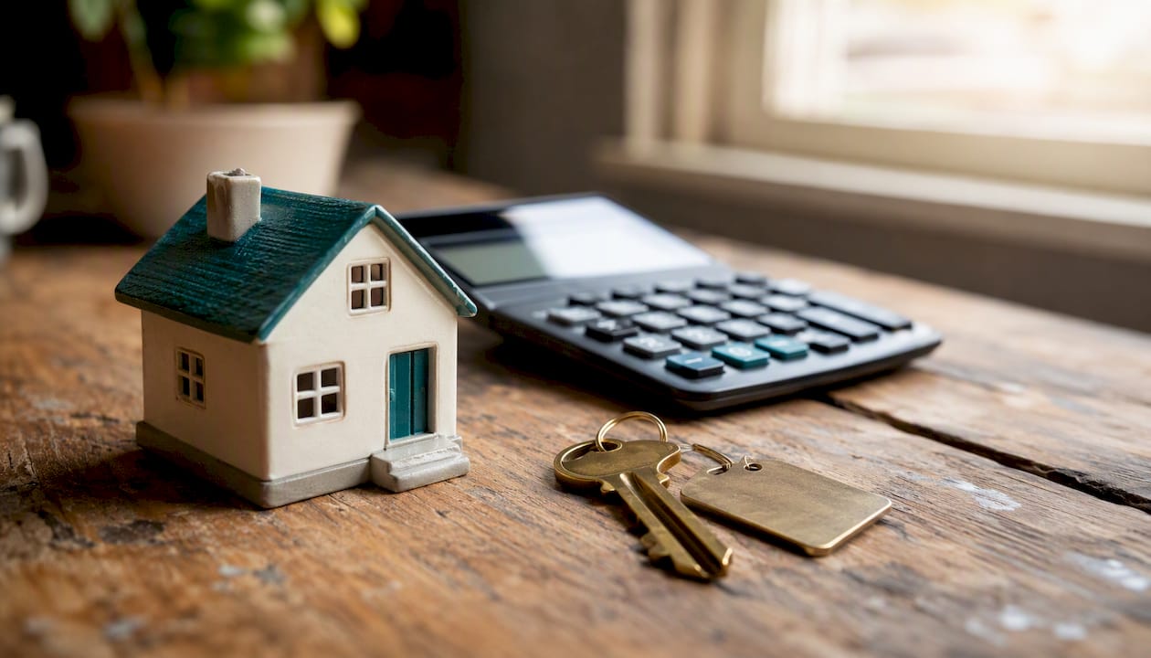 House model, keys, and calculator close-up