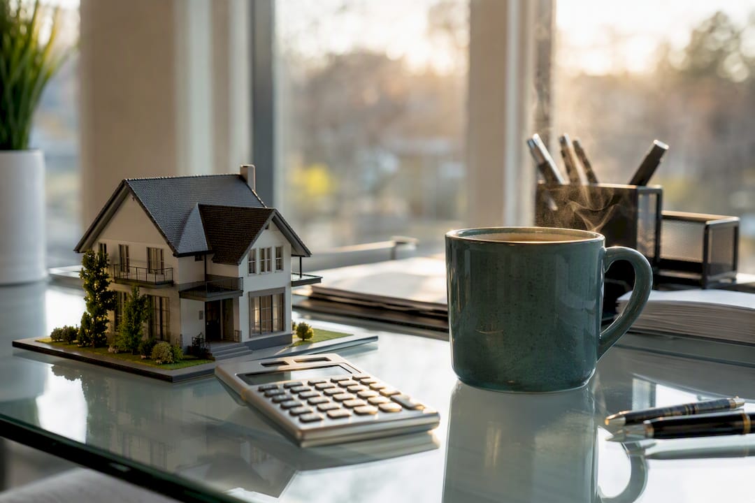 Calculator and house model on desk