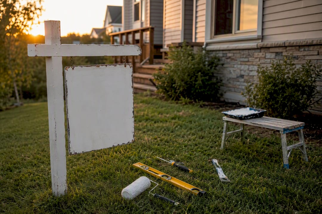 Renovation tools and for sale sign on lawn