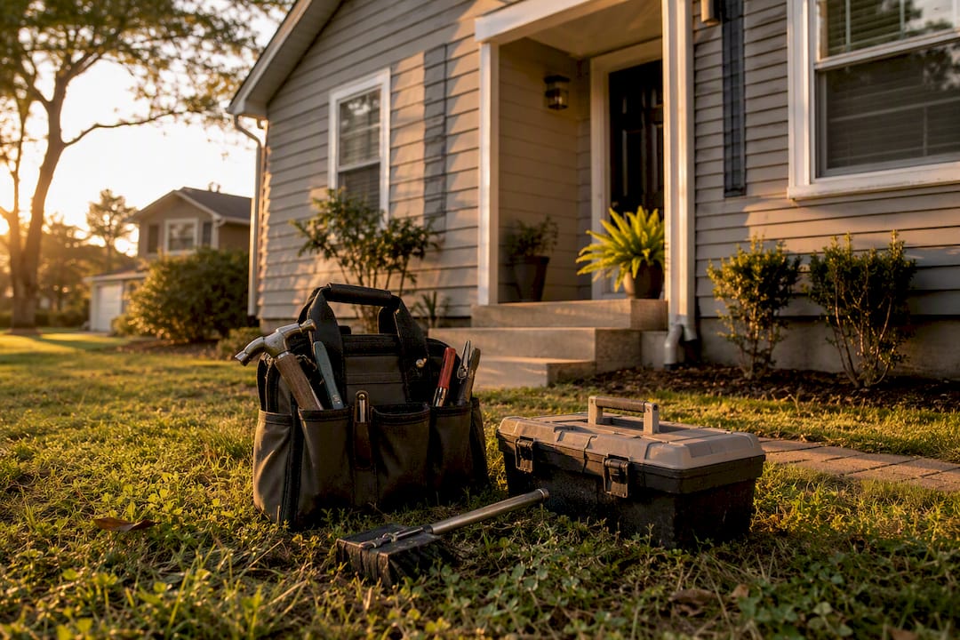 Maintenance tools and ladder outside rental home
