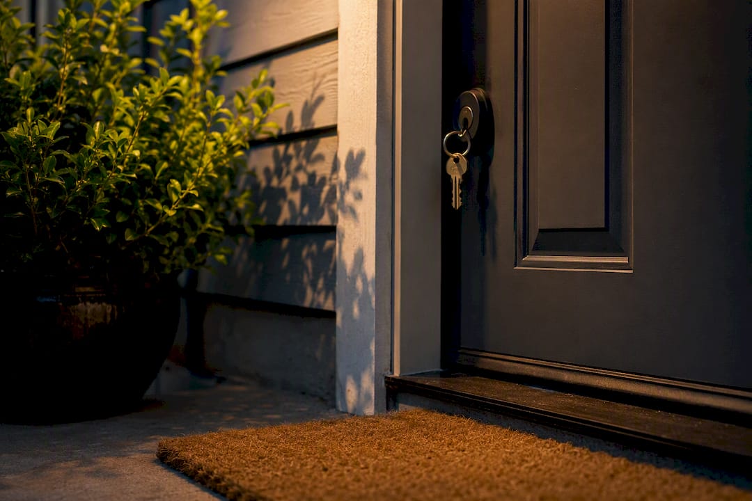 Short-term rental entrance with keys and welcome mat