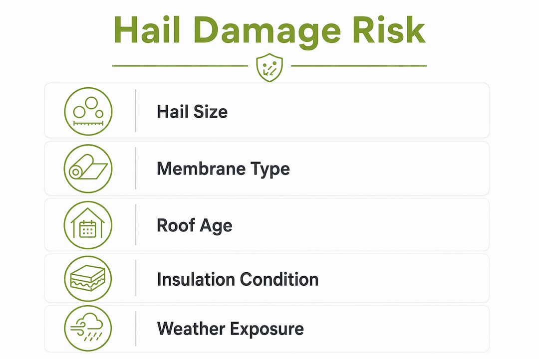 Infographic detailing flat roof hail damage risk factors