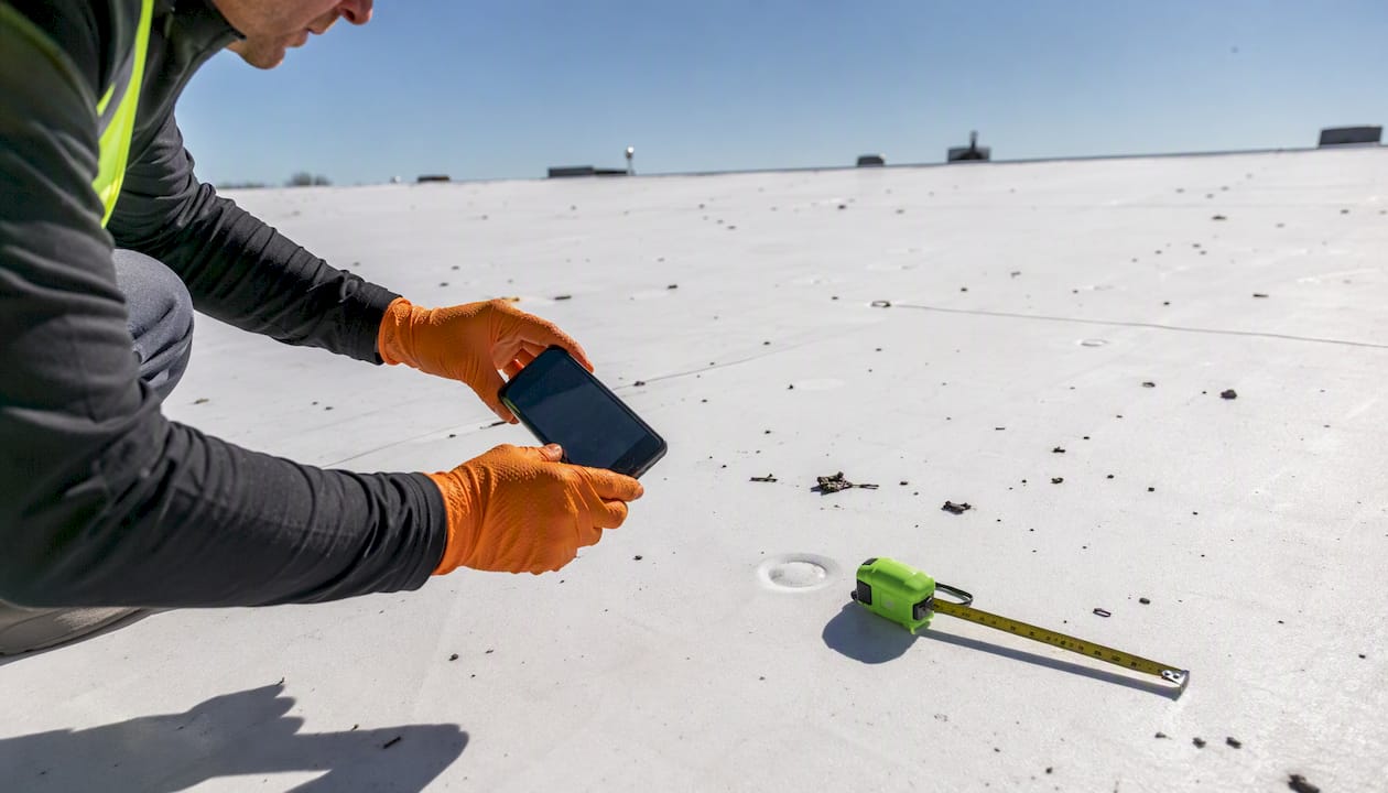 Hands photographing hail damage with ruler on roof