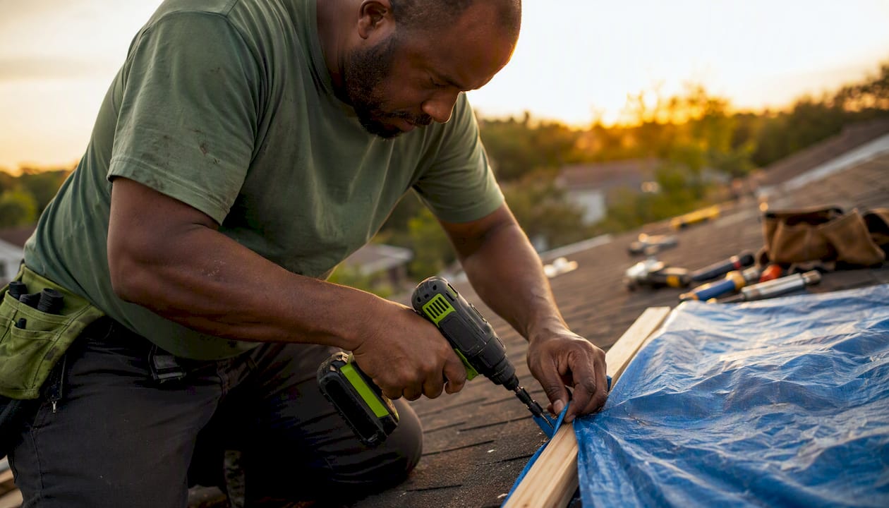 Hands fastening tarp edge with screws on roof
