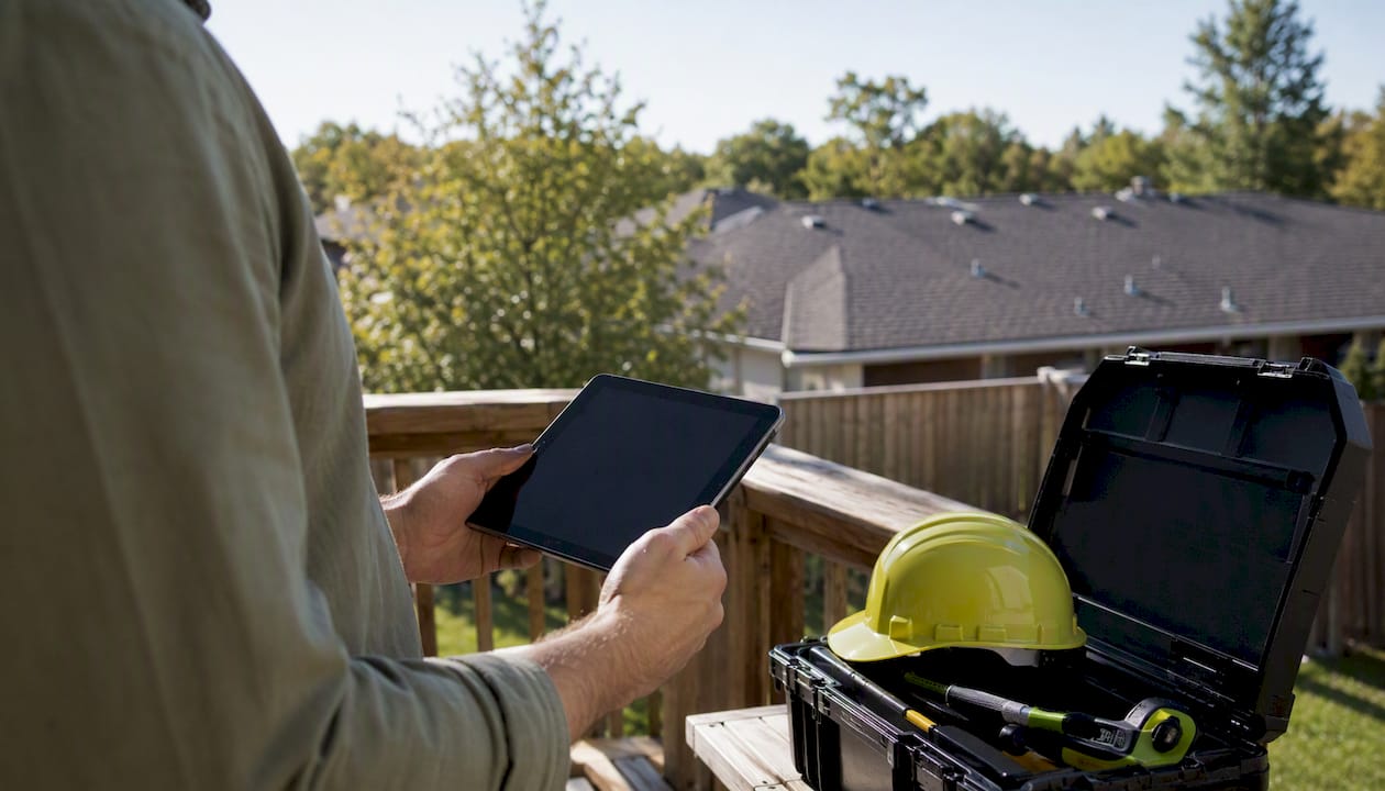 Hands holding smartphone with roof inspection tools