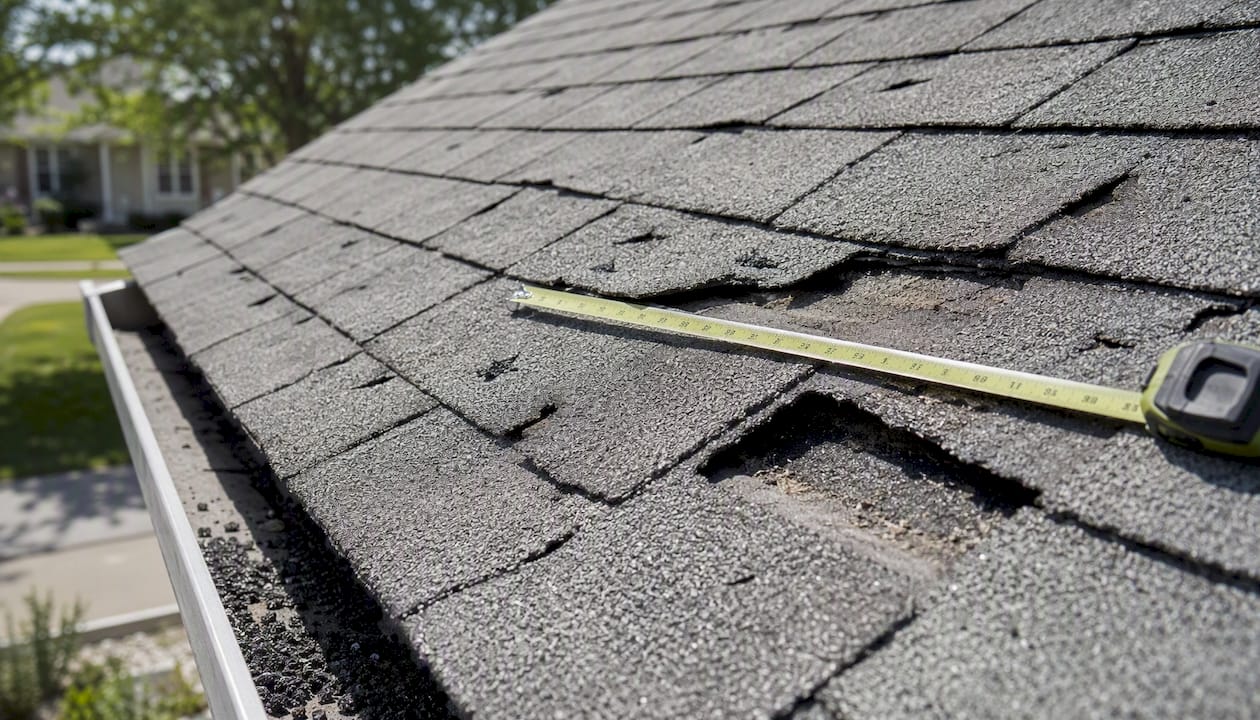 Close-up of damaged shingles with ruler and coin