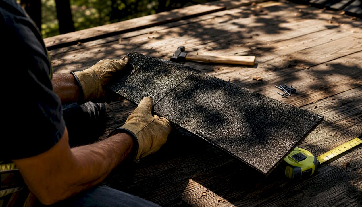 Roofer examining polymer Class 4 shingle close-up