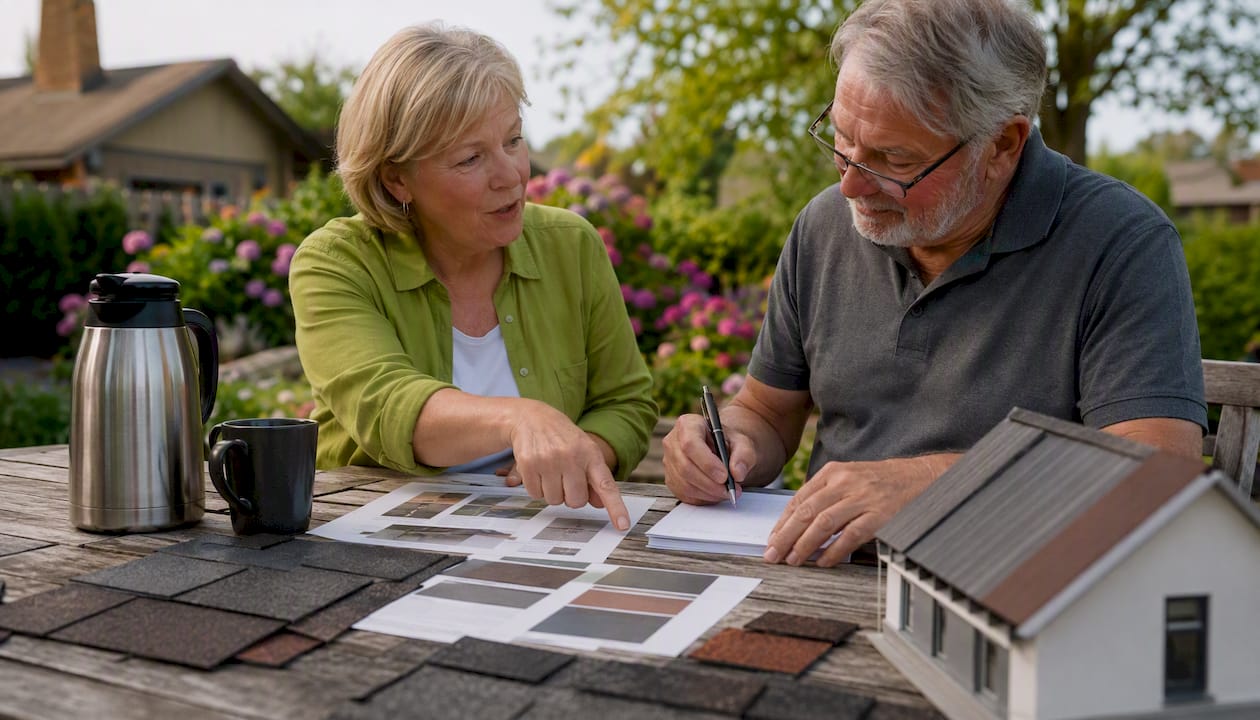 Couple reviewing Class 4 shingle options indoors
