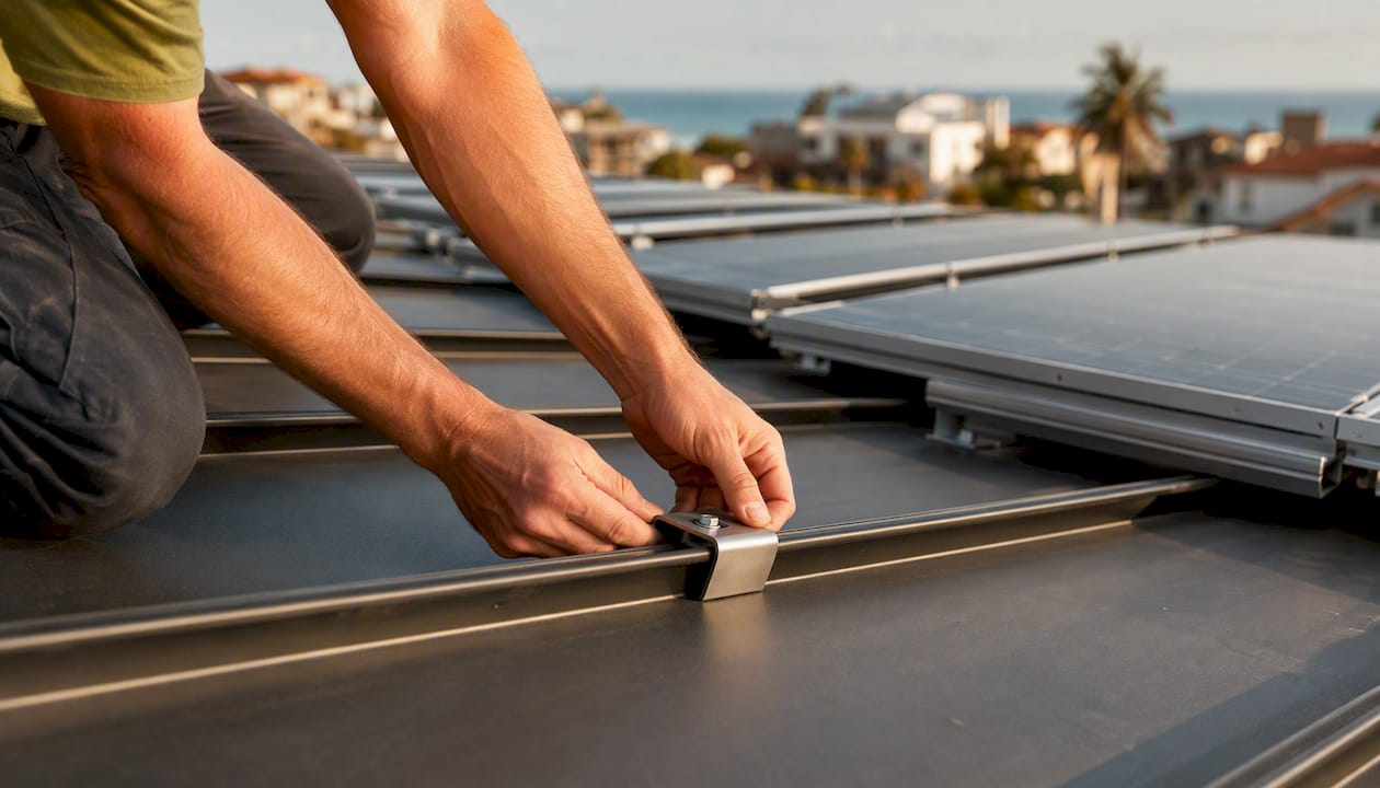 Hands attaching solar clamp on metal roof
