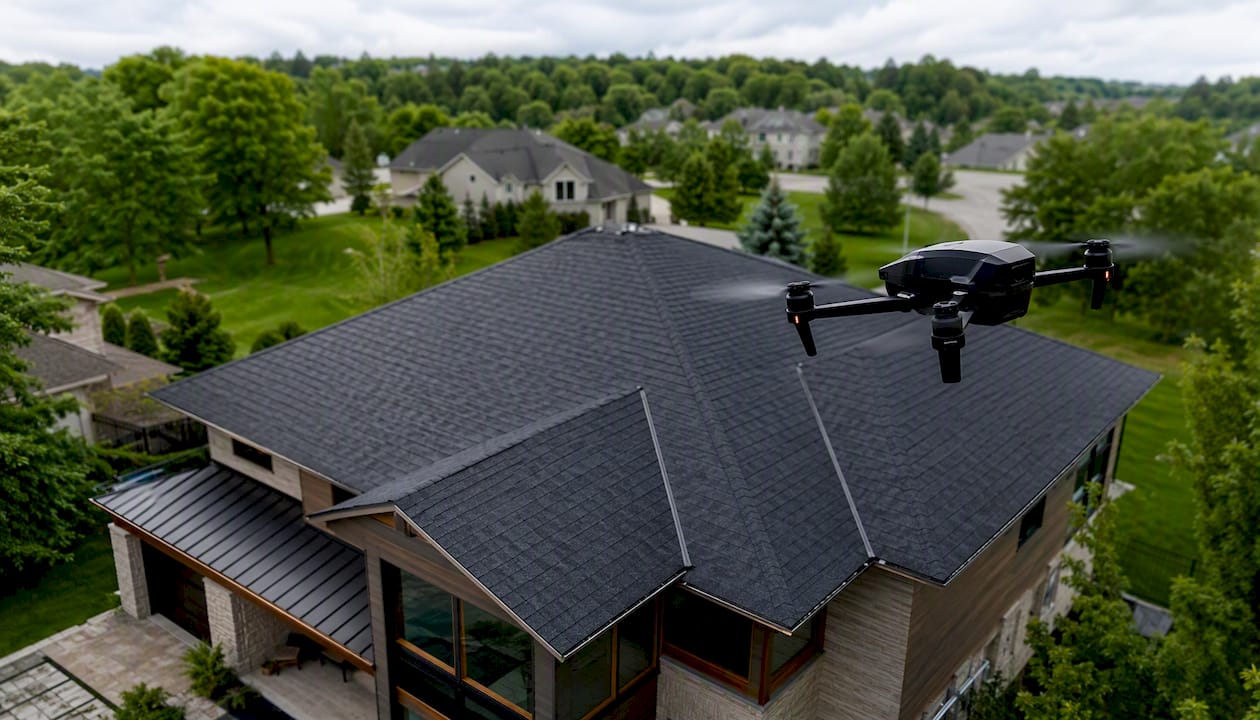 Drone performing aerial roof inspection over house