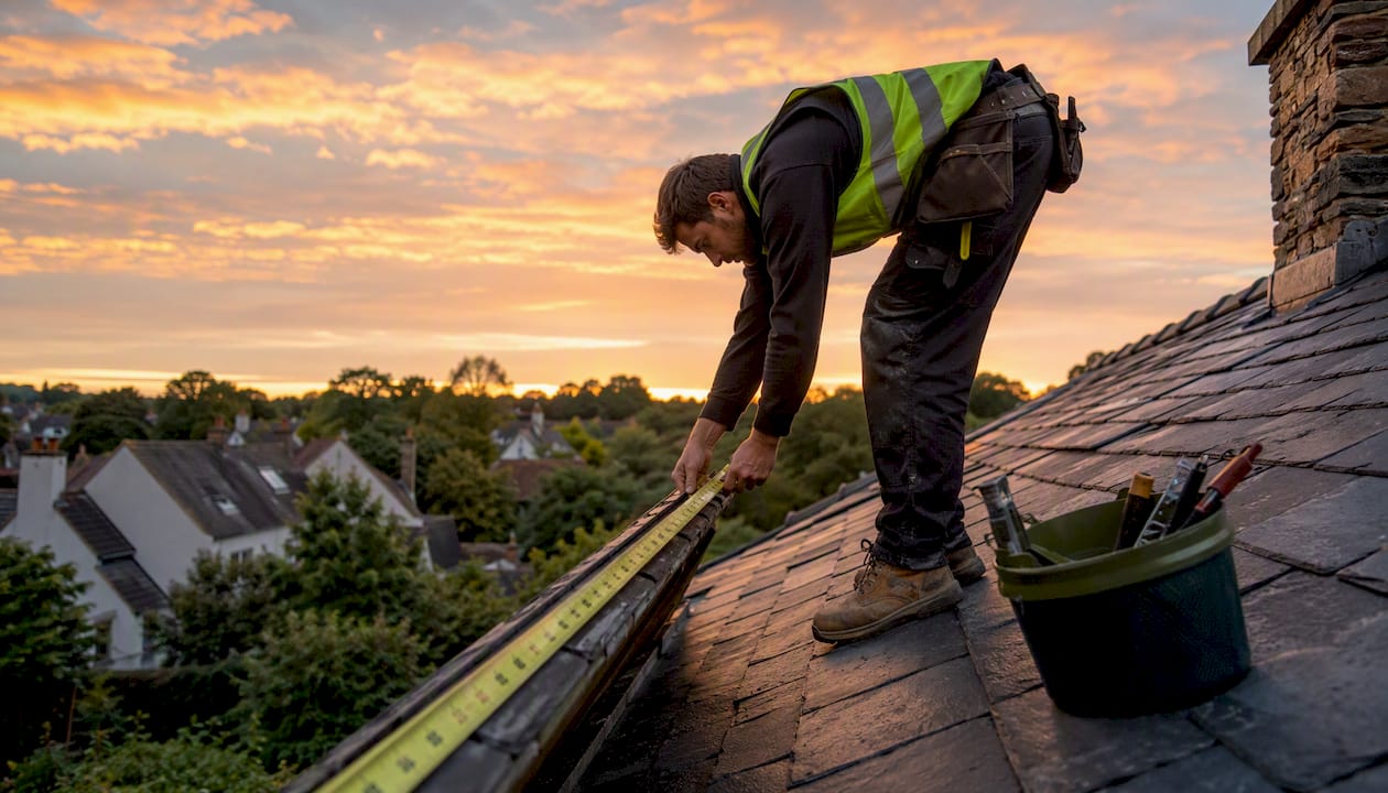 Contractor measuring asphalt shingles on roof