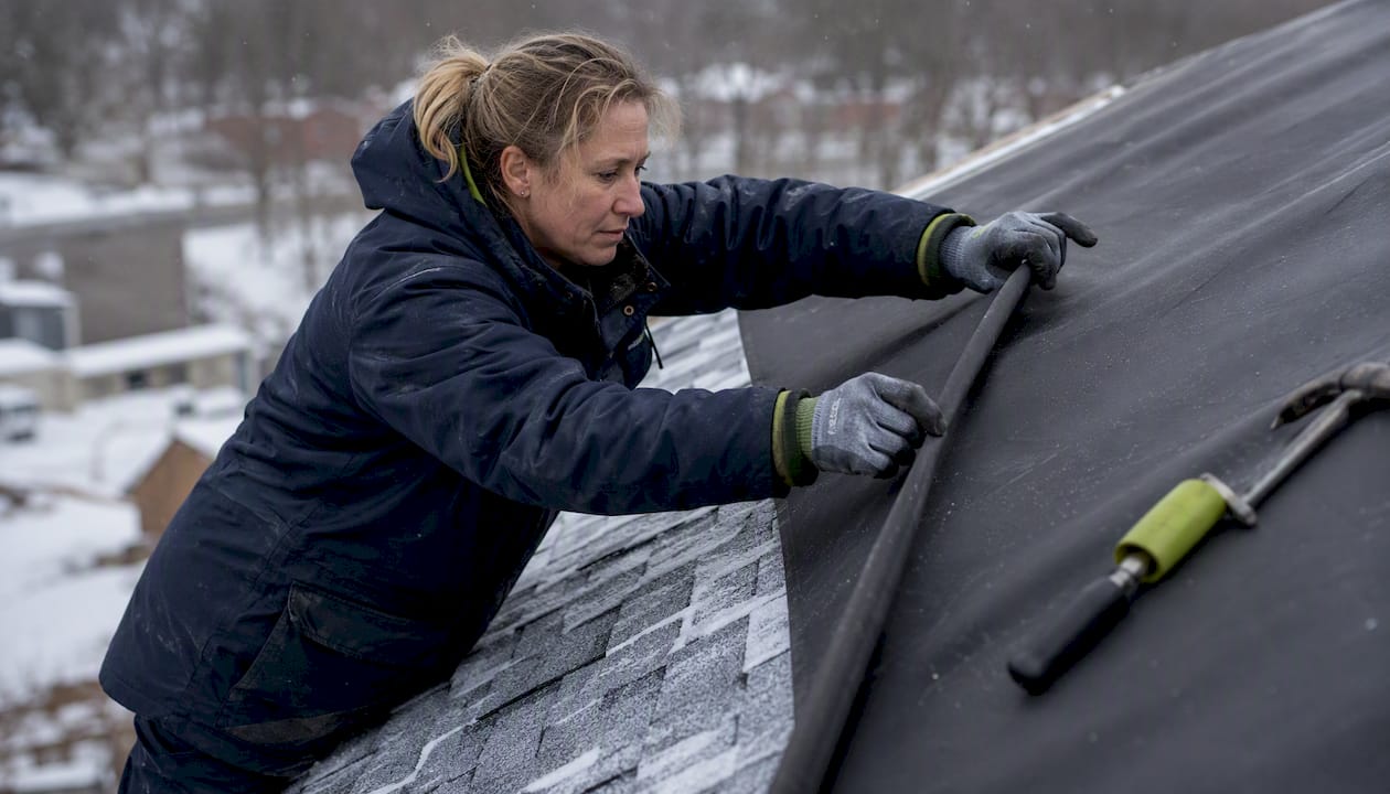 Female roofer installing EPDM membrane in cold weather