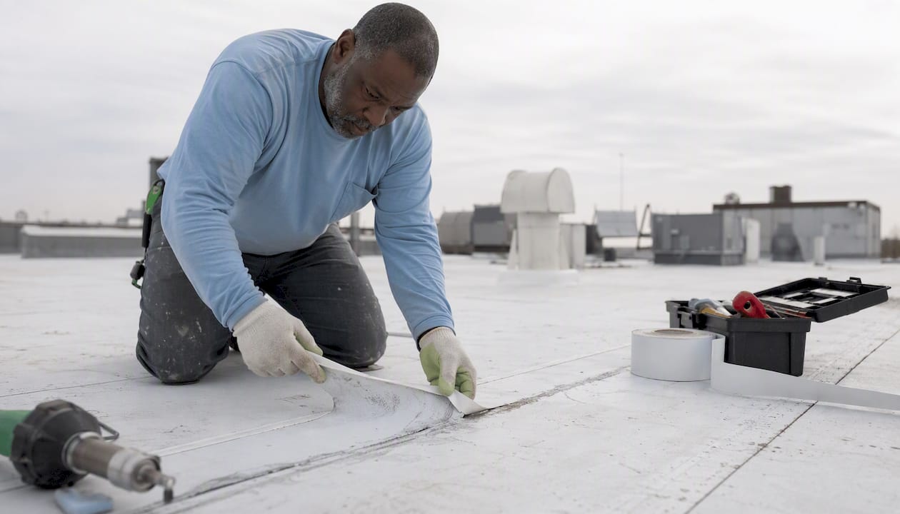 Hands testing seam strength on white TPO membrane