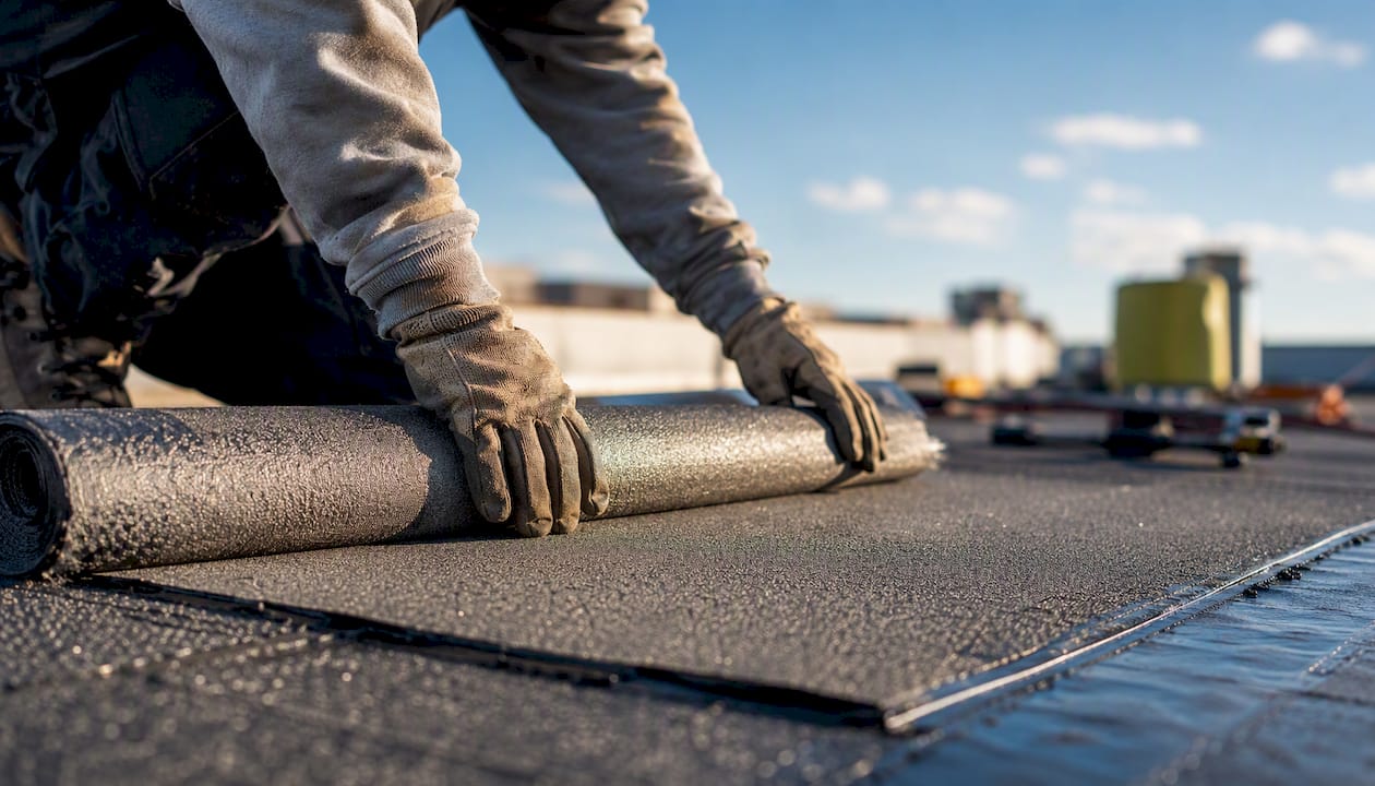 Hands unrolling granule surface modified bitumen roofing