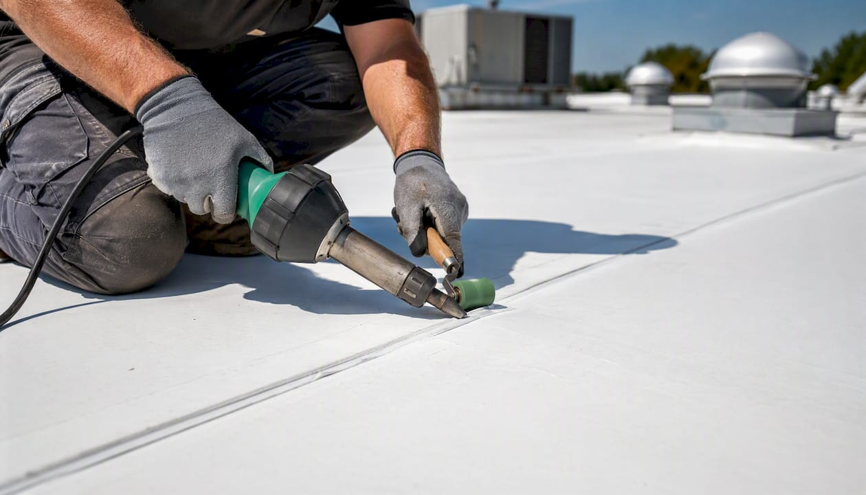 Hands using hot-air welding tool on TPO roofing seam