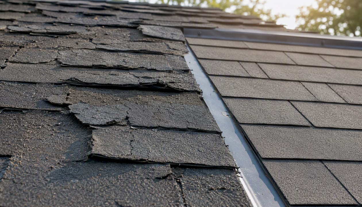 Damaged and repaired roof shingle area close-up