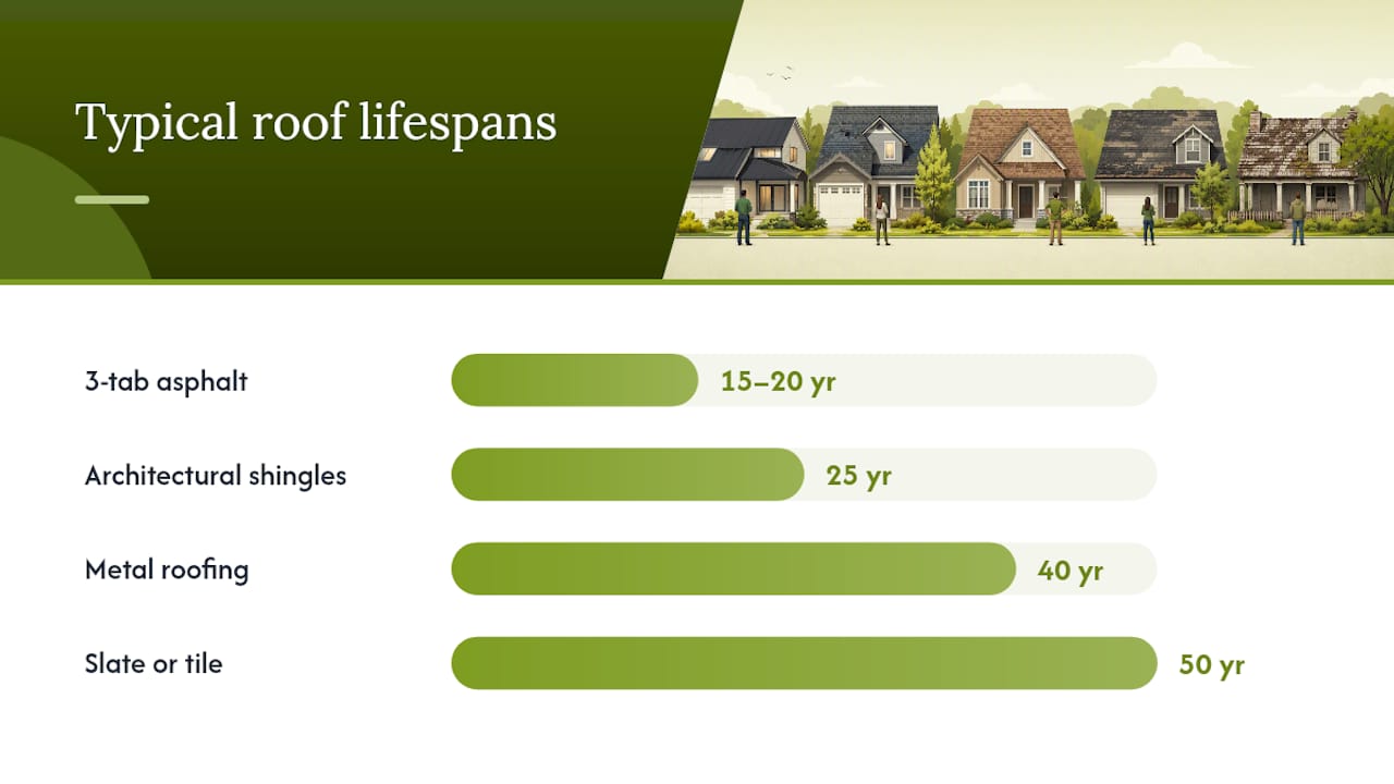 Diagram comparing roof materials, lifespans, and insurer treatment