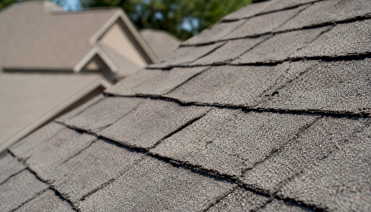 Close-up of weathered roofing shingles