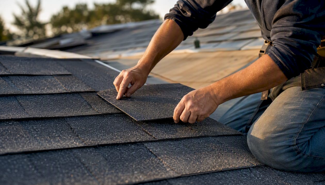 Roofing contractor hands applying flashing