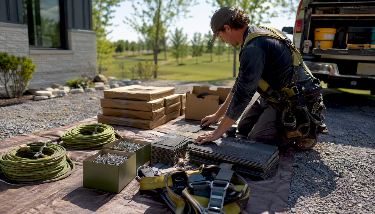 Contractor organizing roofing materials and tools outdoors