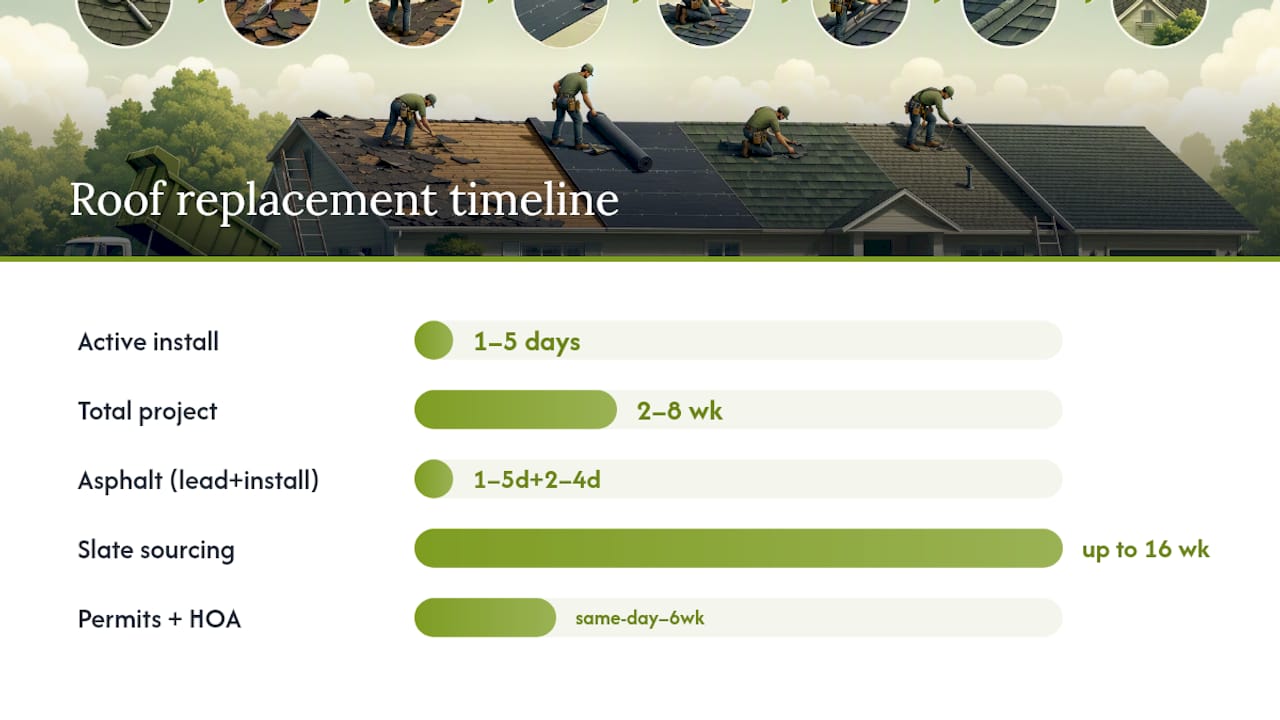 Roof replacement timeline with phases and durations