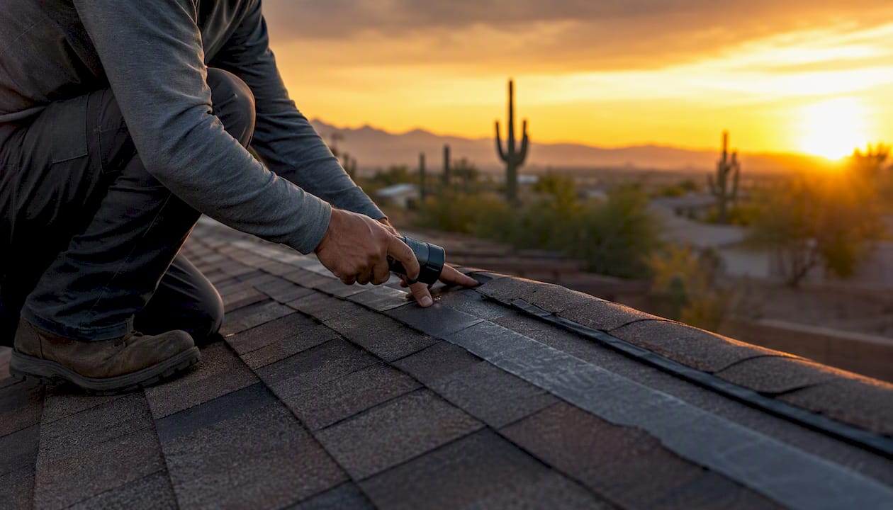 Roofer hands inspecting flashing seals on roof
