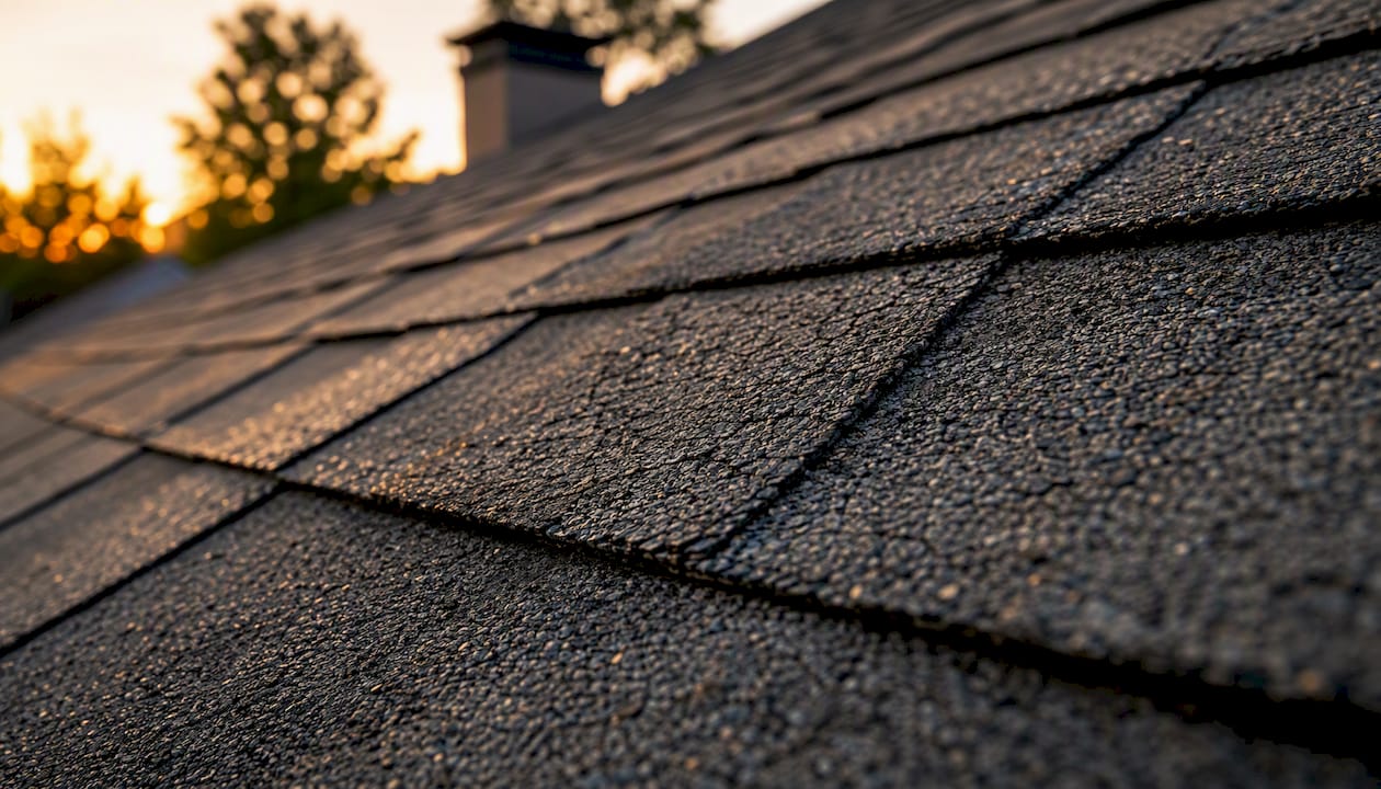 Close-up of weathered impact-resistant polymer-modified shingles