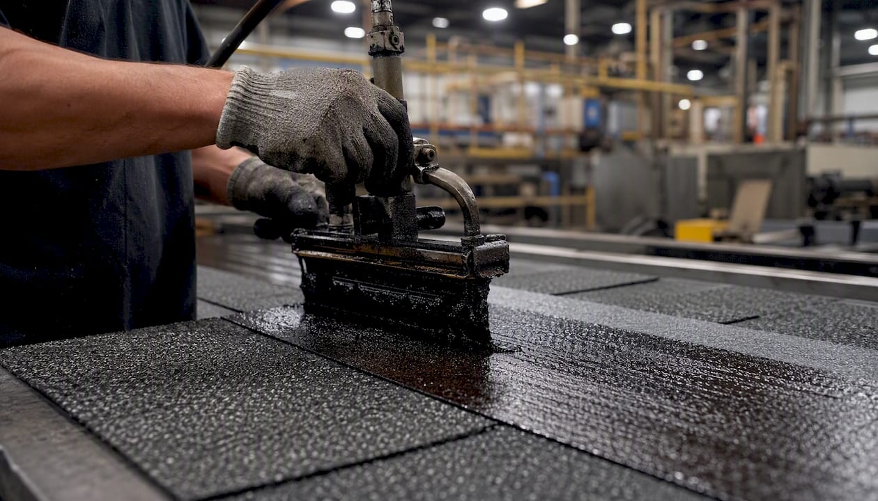Hands applying polymer-coated asphalt on shingles