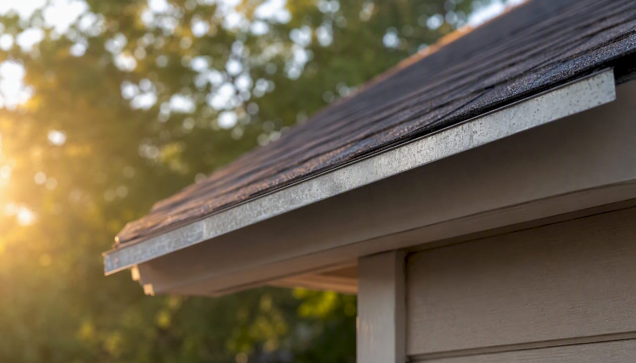 Drip edge flashing at roof eaves