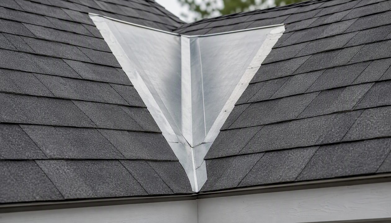 Open metal valley flashing on roof intersection