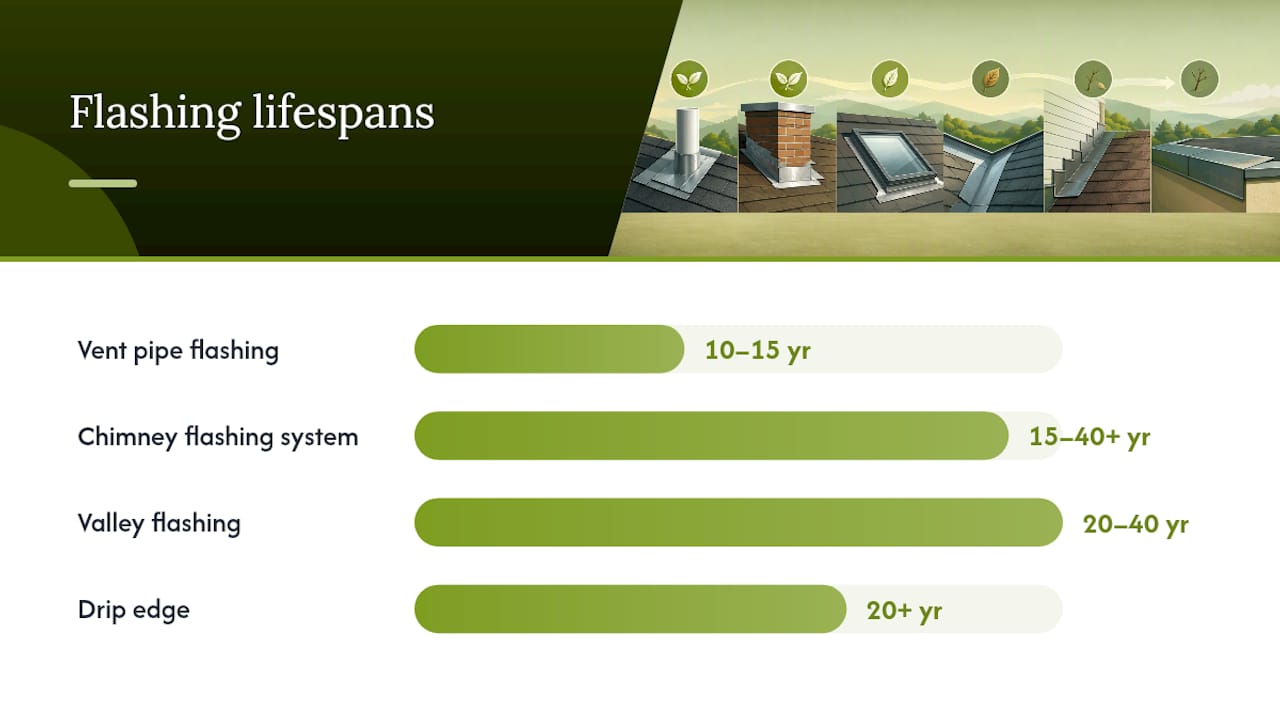 Diagram comparing roof flashing types by location and durability
