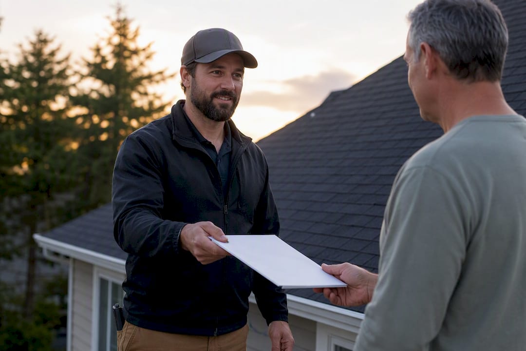 Contractor handing warranty certificate outdoors